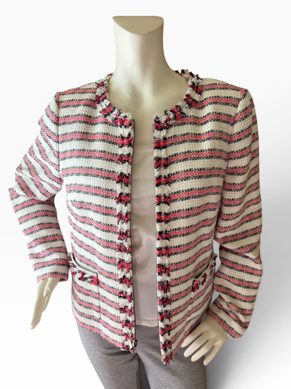 Talbots Outlet Red, White & Black Striped Cotton Bouclé Fringe Jacket, size 12